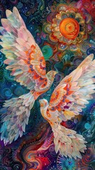 Two vibrant birds soaring in a psychedelic dreamscape with intricate patterns and vibrant colors under a radiant sun.