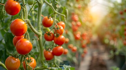 Capital photography style, panoramic view of tomatoes growing in greenhouses. highlights organic farming and food production.