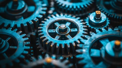 Closeup of interlocking gears symbolizing mechanical systems, including AI and robotic components in the style of mechanical systems.