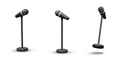 Realistic black microphone on stand. Concert equipment for singer, musician
