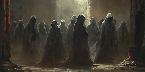 Shadowy Encounters: Cloaked Figures Convene for a Mysterious Cult Gathering (Slate Gray)
