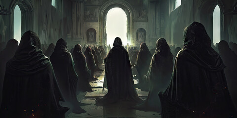 Shadowy Encounters: Cloaked Figures Convene for a Mysterious Cult Gathering (Slate Gray)