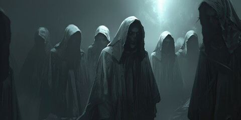 Shadowy Encounters: Cloaked Figures Convene for a Mysterious Cult Gathering (Slate Gray)