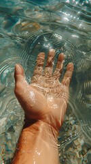 photo of hand in water, phone photo, posted on Snapchat, taken from above so just the top half of arm is visible, light and airy, summer vibes, in the style of an impressionist artist.