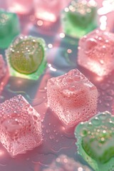A closeup of gummy bear ice cubes in pink and green colors, lime slice,glistening with water droplets and creating an artistic pattern. The background has soft pastel hues, providing a serene