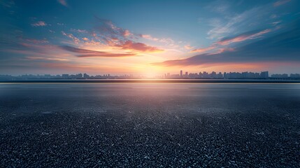 Empty asphalt road with city skyline and blue sky background at sunset.
