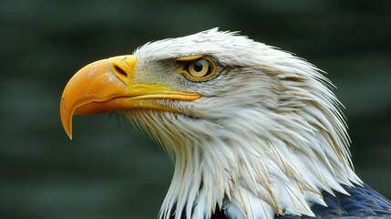 Fototapeta premium Close-up of a bald eagle's head, blurred trees in the background