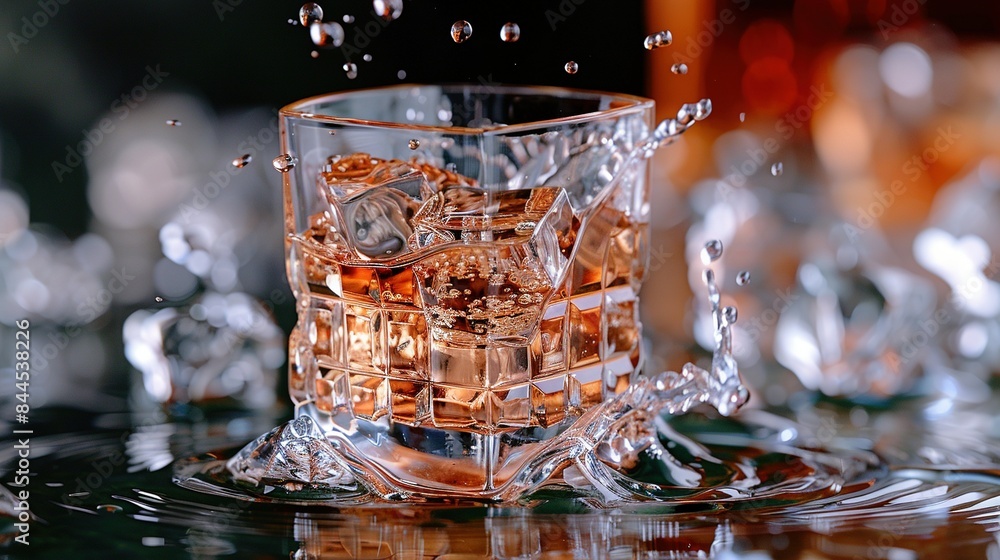 Poster a glass filled with whiskey and ice cubes next to a clock with water splashing