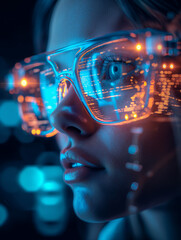 Close-Up of Young Woman Wearing Futuristic Smart Glasses with Augmented Reality Features