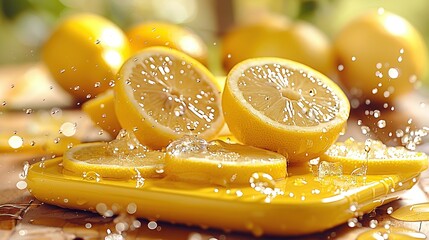   A close-up of lemon slices on a cutting board with water droplets on the surface and table
