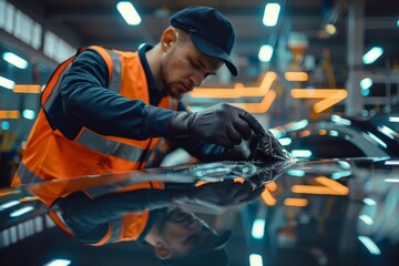 Car mechanic applying transparent protective film on vehicle in workshop