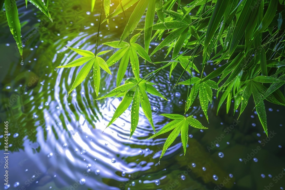 Poster serene image of bamboo leaves over a calm pond with rippling water and sunlit reflections, creating 