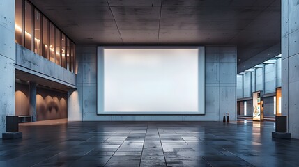 A big white blank empty advertising mockup for outdoor display with a modern tv screen in a building hall.