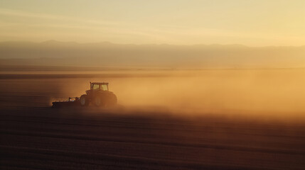 Tractor Plowing a Field at Sundown with Dust Haze in the Air