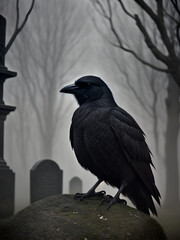 Obraz premium Black raven on a gravestone in gray tones