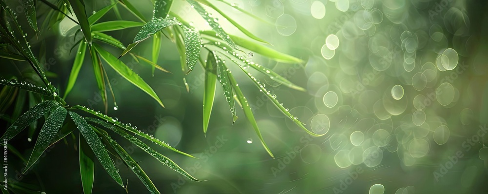 Aufkleber close-up of fresh green bamboo leaves with dew drops, illuminated by soft sunlight and a bokeh backg