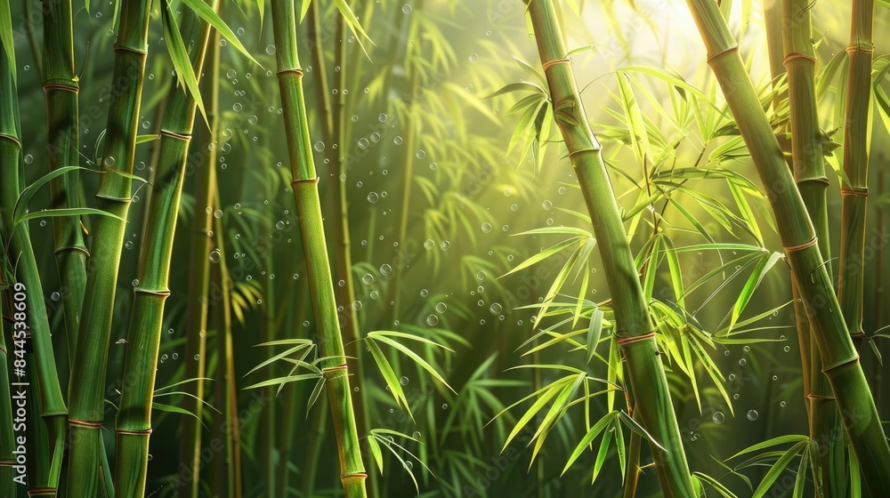 Poster Sunlight streaming through dense bamboo forest, creating a serene and tranquil natural scene with lush green foliage.