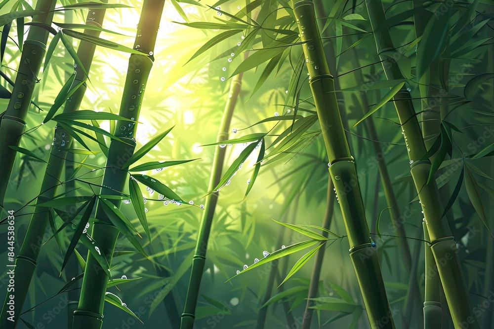 Aufkleber serene bamboo forest with sunlight filtering through leaves, creating a tranquil and peaceful scene.