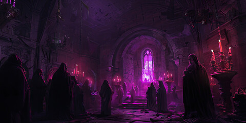 Midnight Rituals: Darkened Sanctum of Chanting Cultists, Enveloped in Mysterious Shadows