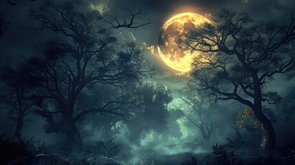 Mystical forest landscape under a full moon with dark, eerie trees and mist. Perfect for fantasy, mystery, and supernatural themes.