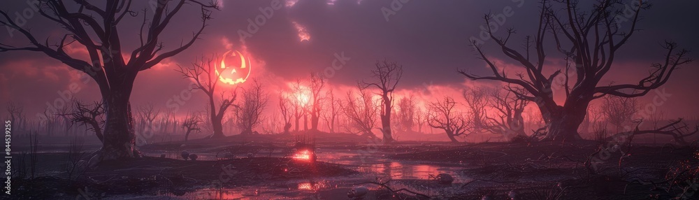 Poster eerie, dark forest with bare trees at twilight, illuminated by a glowing red sky, reflecting in pudd