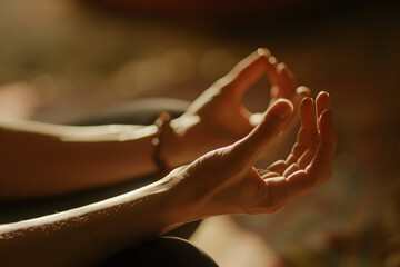 A close-up image of a yoga practitioner's hands in a meditative pose, capturing the calm and focus of the moment 