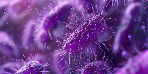 Lavender Purple Sanitizer Microbial Disruption: High-resolution view of lavender purple-colored sanitizer particles, depicting their disruption of microbial cells for thorough sanitization