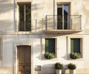 Fototapeta premium Stylish modern house facade with natural elements and elegant design. Architectural home composition.