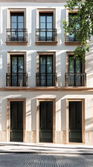 Fototapeta premium Stylish modern house facade with natural elements and elegant design. Architectural home composition.