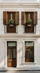 Fototapeta premium Stylish modern house facade with natural elements and elegant design. Architectural home composition.