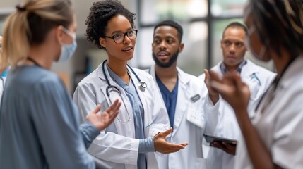 Clinical Collaboration: Hospital Physicians Gather, Exchanging Insights on Patient Care Amidst the Medical Team. Black female doctor are talking with colleges