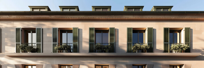 Fototapeta premium Stylish modern house facade with natural elements and elegant design. Architectural home composition.