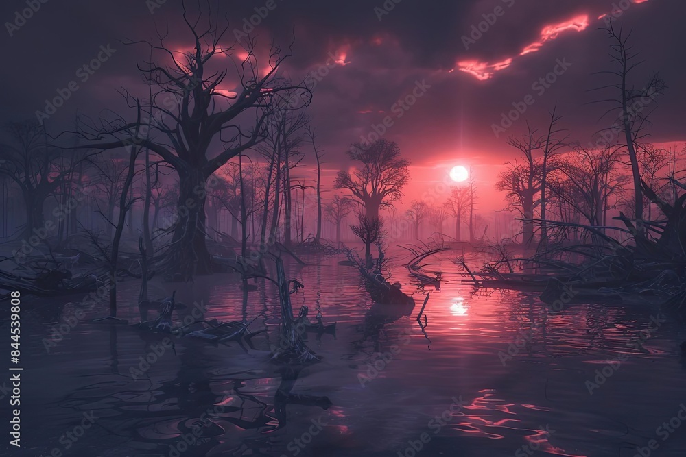 Poster eerie and mystical sunset over a misty swamp with dark, twisted trees and reflective water creating 