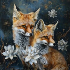 Fototapeta premium A painting featuring two foxes resting together on a blue backdrop and white flowers adorning the foreground