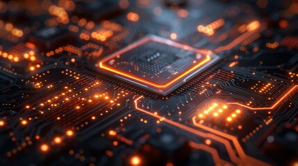 Glowing Microchip on Circuit Board