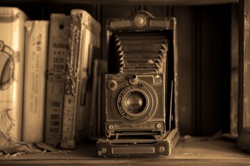 A vintage camera sits on a shelf next to a stack of books
