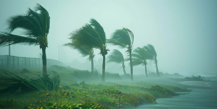 A tropical storm with heavy rain, strong winds, and palm trees bending in the wind