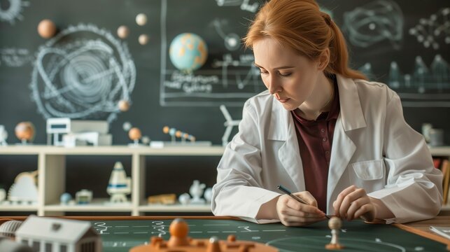 A female astrophysicist explains complex equations on a chalkboard, with a model of the solar system nearby. - Powered by Adobe