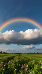Nature's Symphony: A vivid rainbow arches gracefully over a lush, green field.