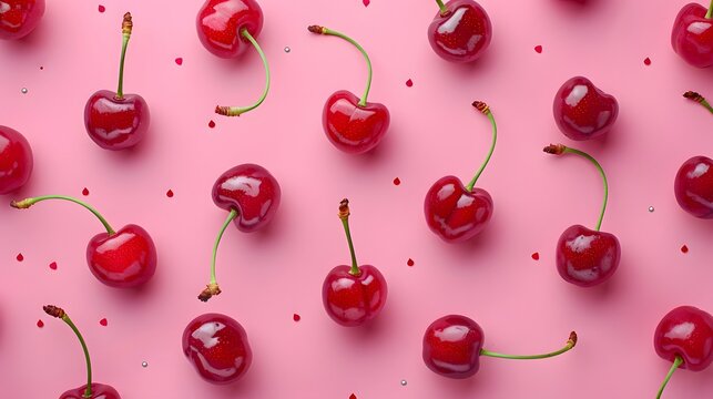 Cherry on pink background, pattern style.