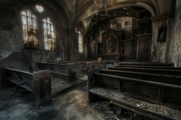 Naklejka premium The church is in a state of disrepair, with broken windows and a dirty interior