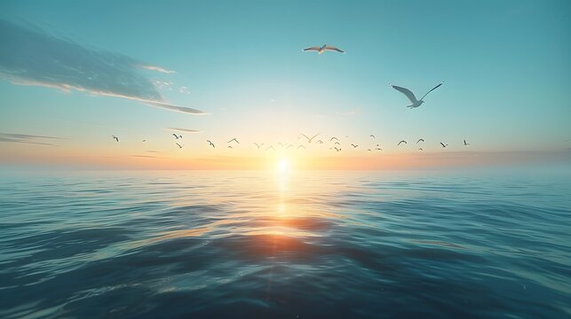 The blue sky is clear, and birds fly in the distance. The sea level below features sunset, with scattered seagulls flying over it.