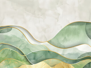 Elegant abstract background with green and gold wavy shapes on a light pastel backdrop. Suitable for banner, card, or advert backdrop.