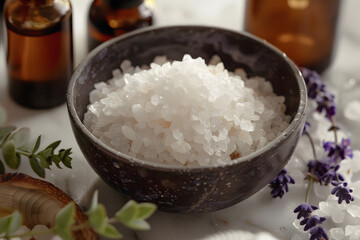 A close-up image of a bowl of sea salt and essential oils, ready for a relaxing bath, highlighting the crystals and liquid textures