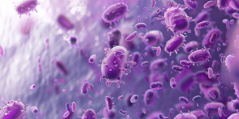 Lavender Purple Sanitizer Microbial Disruption: High-resolution view of lavender purple-colored sanitizer particles, depicting their disruption of microbial cells for thorough sanitization