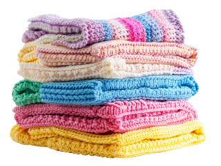 A stack of colorful knitted blankets in various patterns, showcasing vibrant hues and cozy textures, isolated white background, transparent background.