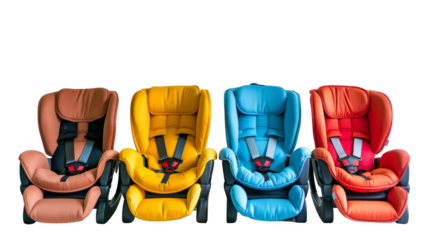 Colorful car seats for children in a variety providing safety and comfort for young passengers. isolated white background, transparent background.