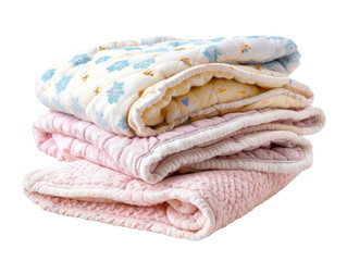 Stack of soft, cozy baby quilts in pastel colors with cute patterns, isolated white background, transparent background.