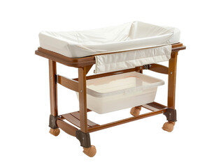 Wooden baby changing table with white padded surface and storage shelf, isolated white background, transparent background.