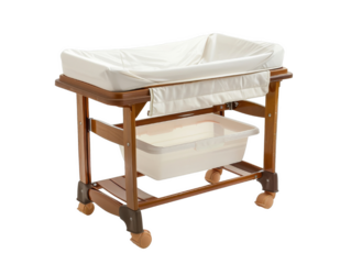 Wooden baby changing table with white padded surface and storage shelf, isolated white background, transparent background.